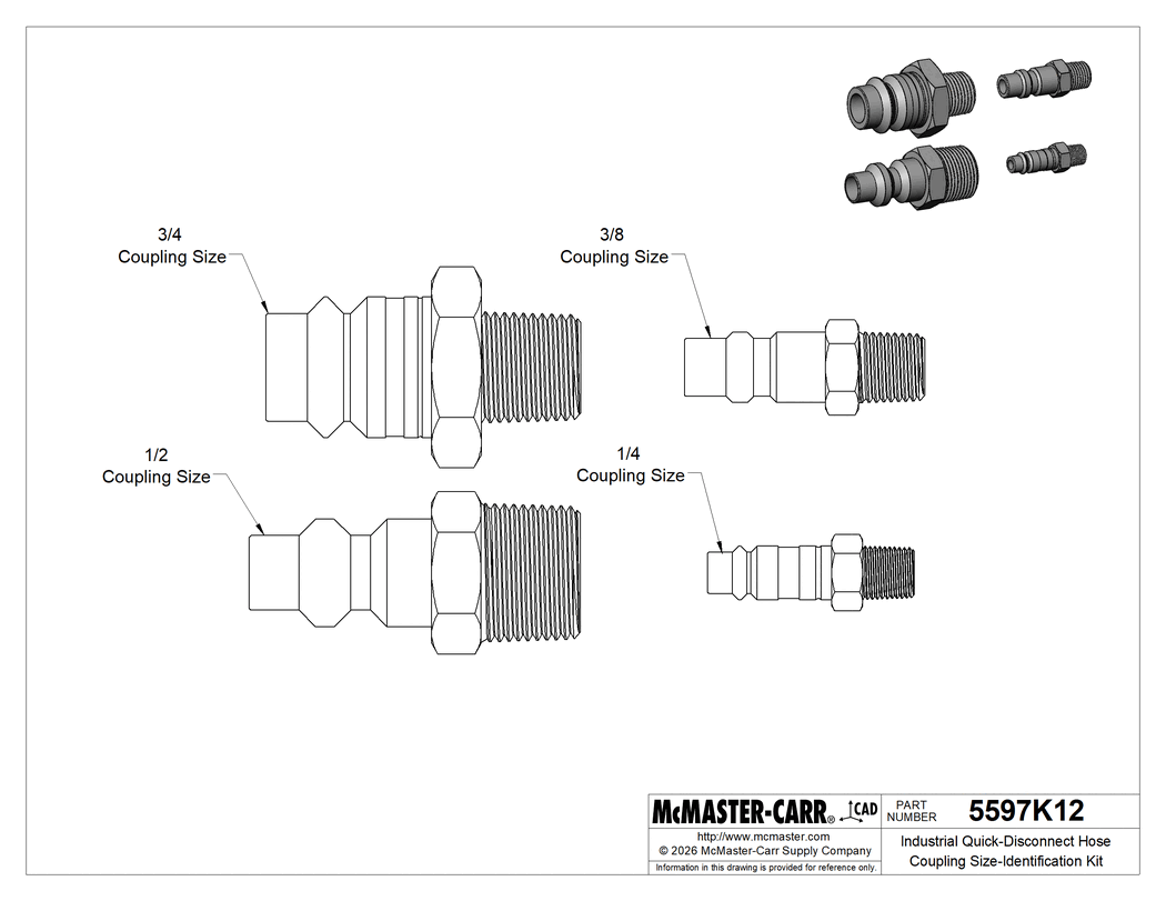 Technical Drawing of Industrial Quick-Disconnect Hose Coupling Size-Identification Kit.